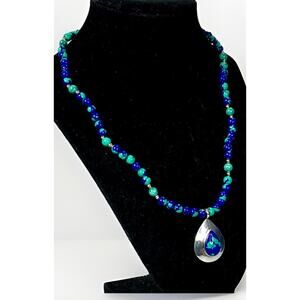 Sterling Silver Azurite/ Eilat Stone Beaded Pendant Necklace Signed SJ Sterling